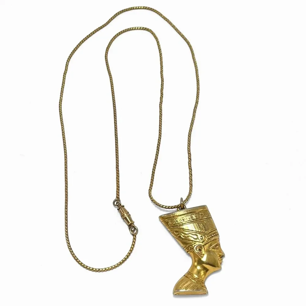 Vintage Egyptian Style Pendant Necklace Gold Tone Pharoah Nefertiti 1.5